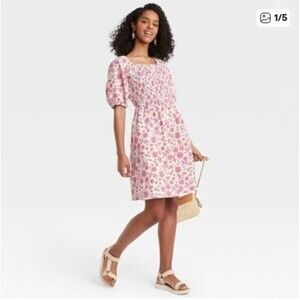 Universal Thread Pink Floral Smocked Puff Sleeve Knee Length Cotton Dress sz XXL